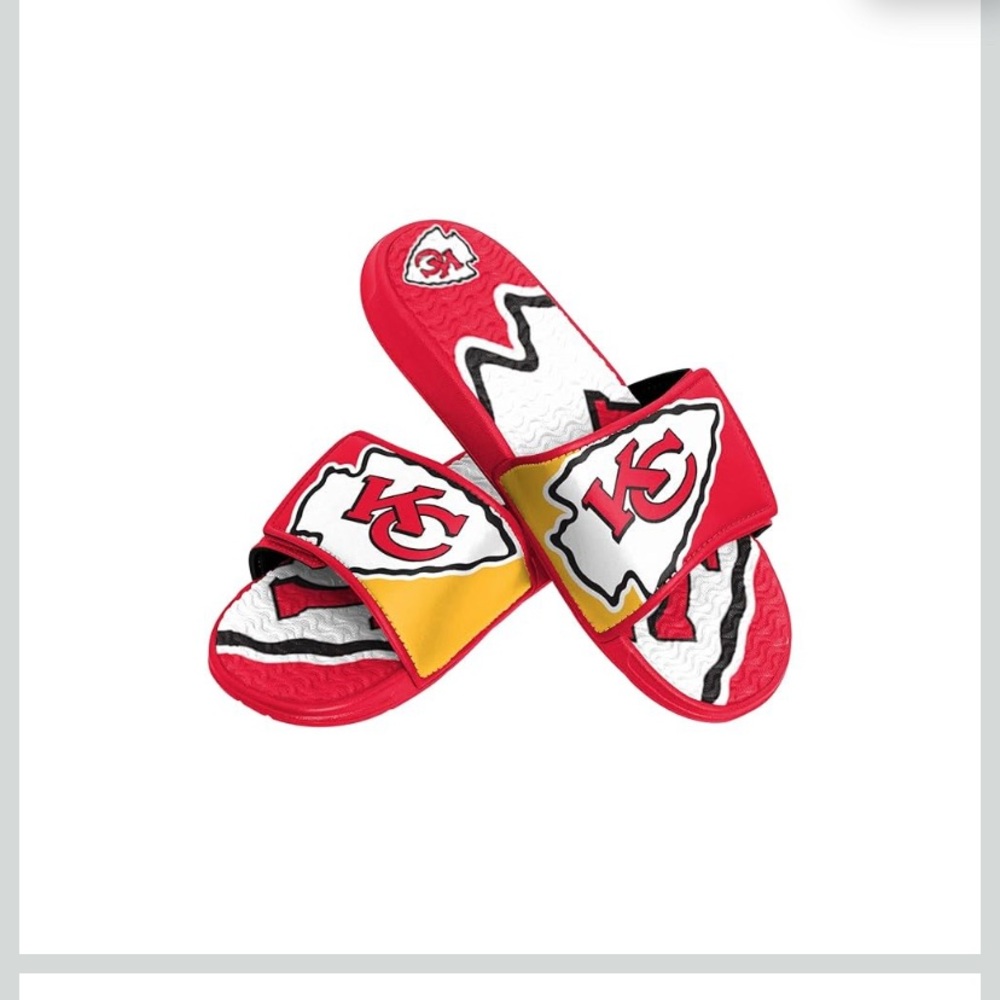 Kansas City Chiefs Red and Yellow Slide Sandals,Men’s 9-10, FOCO, NWT,Women’s 11